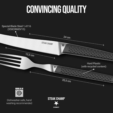 Вилка та ніж для стейка для м&39яса Steakchamp, 2 х 2 шт. виделки та ножі із сталевого леза, з мікрохвильовим помелом, набір з 4 шт., включаючи дерев&39яну коробку