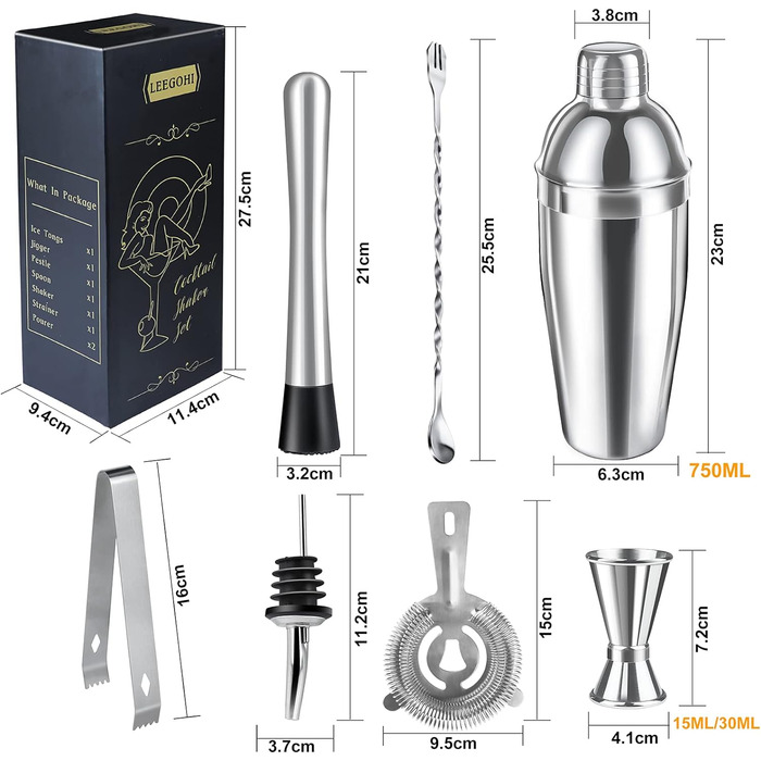 Набор шейкеров для коктейлей из 8 предметов, 750 мл. LEEGOHI