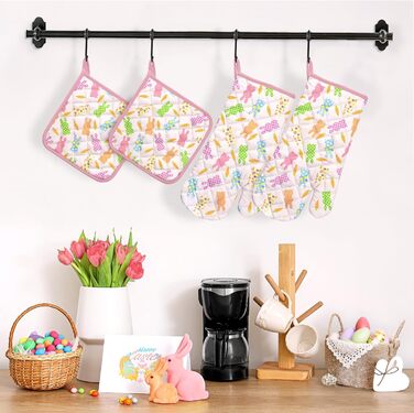 Різдвяний набір із 2 рукавичок для духовки та прихваток Arquiel, 100 бавовняні кулінарні рукавички, термостійкі кухонні рукавички для приготування їжі, різдвяні подарунки на кухню для жінок (Великдень 03, рукавички для духовки*2 прихватки*2)