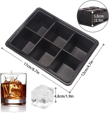 Форма для льоду LessMo XXL, 3 шт., силіконова форма для льоду на 18 отворів з кришкою, великі кубики льоду 4,8 см, штабельовані та придатні для миття в посудомийній машині, без BPA для пива, коктейлів, віскі (2 шт. чорного кольору)