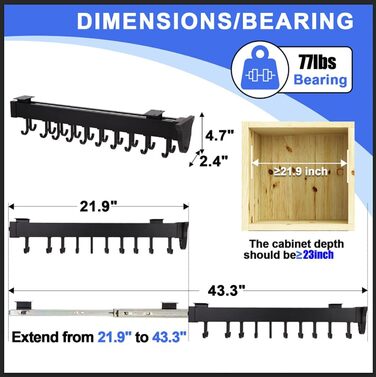 Підвісна підставка для каструль з гачками - регульований кухонний органайзер для каструль та сковорідок, розсувна планка для зберігання, вантажопідйомність 34 кг (56 см, чорний)