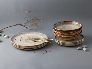 Серія Stone, набір посуду на 8 персон, комбінований сервіз з кам'яного посуду, з можливістю миття в посудомийній машині та мікрохвильовій печі, зроблено в Португалії (обідній сервіз 12 предметів, піщаний камінь), 14437