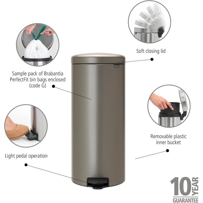 Сміттєвий бак з педаллю 30 л безшумний платиновий NewIcon Brabantia