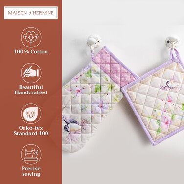 Рукавички для духовки Maison d&39 Hermine, Прихватки для каструль, 100 бавовна, термостійкі кухонні рукавички, рукавички для духовки (19 x 33 см) та прихватки для каструль (20 x 20 см) для приготування їжі, Morzine - Рукавички для духовки (19 x 33 см) та 