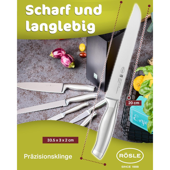 Високоякісний кухонний ніж 20 см для м&39яса, риби, птиці та овочів, нержавіюча сталь 18/10, ергономічна срібна ручка, гострий ніж для кухні (ніж для хліба)