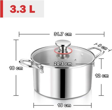 Каструля 3,3 л з нержавіючої сталі зі скляною кришкою 20 см Herogo