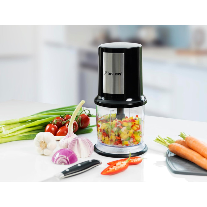 Електричний мультиподрібнювач Bestron, універсальний подрібнювач з двома ріжучими лезами та ємністю 500 мл, велика імпульсна кнопка, 400 Вт, колір (чорний/сріблястий)
