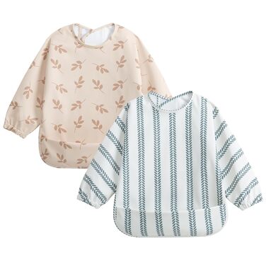 Дитячі нагрудники Little Dimsum з довгими рукавами, водонепроникні дитячі нагрудники, які миються, нагрудники з кишенею - 2 комплекти для малюків 6-36 місяців (Fox & Mountain (3D-LEAF)