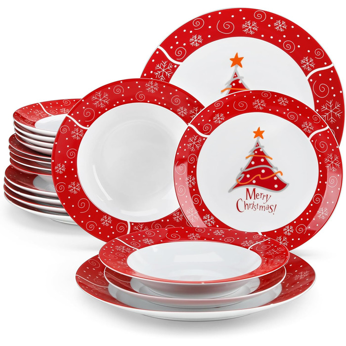 Серія 30-предметний порцеляновий різдвяний набір посуду на 6 осіб, різдвяний кавовий сервіз на 6 обідніх тарілок, 6 десертних тарілок, 6 супових тарілок, 6 кавових чашок та 6 блюдець (Christmastrele, обідній сервіз на 18 осіб)