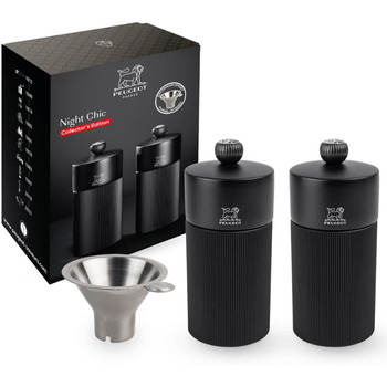 Лінійний подарунковий набір - Млин для перцю Млин для солі 12 см Лійка для спецій - Класичне регулювання помелу - Алюміній Деревина, сертифікована PEFC, - Carbon Colours (Line Matte Black)