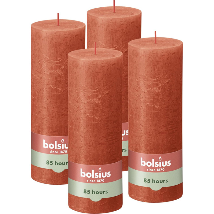 Свічки Bolsius Rustic Pillar - Оливково-зелені - Набір з 4 шт. - Декоративні побутові свічки - Час горіння 60 годин - Без запаху - Натуральний рослинний віск - Без пальмової олії - Оливково-зелені (19 x 7 см, помаранчеві)
