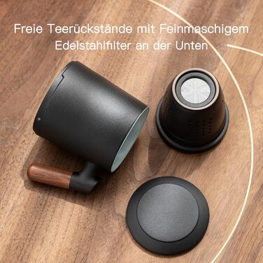 Чашка для чаю ZENS з кришкою та ситечком, керамічна кружка для розсипного чаю з дерев'яною ручкою 360 мл, чашки для заварювання чаю з матовою глазур'ю/темно-зелена (01-чорна)