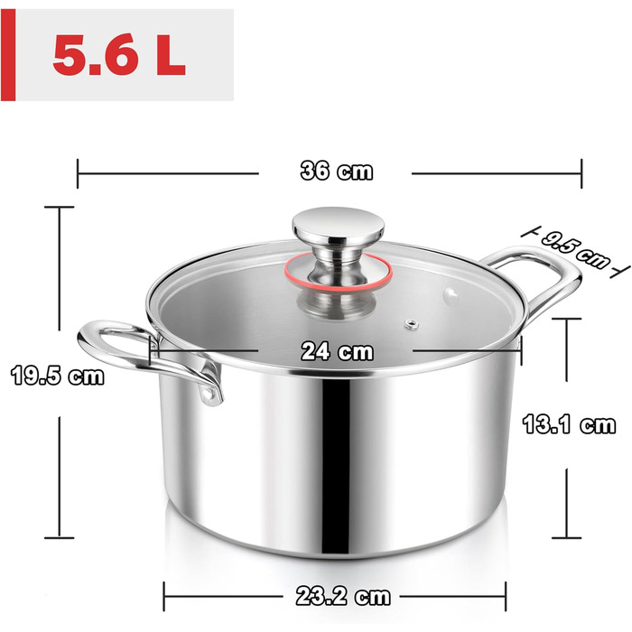 Каструля 5,6 л з нержавіючої сталі зі скляною кришкою 24 см Herogo