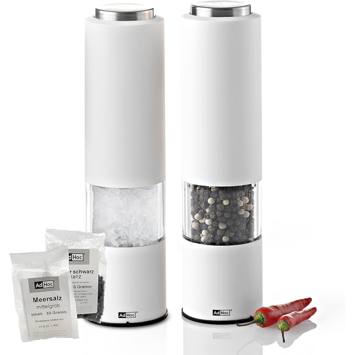 Набір електричних млинів для солі та перцю AdHoc з 2 чорно-білих тропіків з керамічною кавомолкою, що регулюється від дрібного до великого, включаючи сіль і перець (білий)