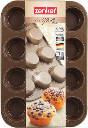 Форма для кексів Zenker 7358 з 12 предметів Ø 7 см MOJAVE GOLD, форма для випікання кексів з листової сталі, деко з армованим керамікою антипригарним покриттям (колір червоне дерево/золото), кількість 38,5 х 26,5 х 3 см