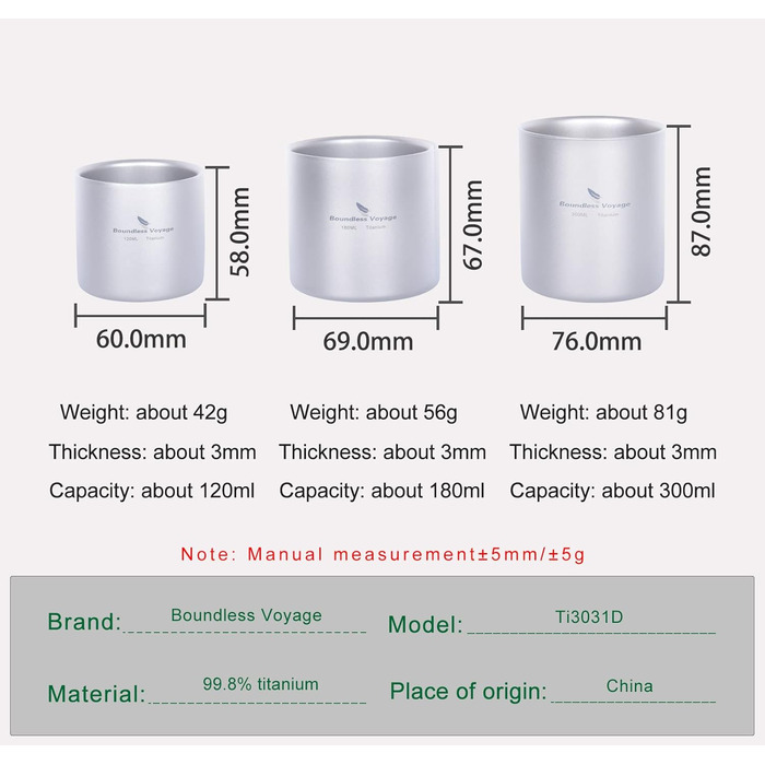 Титанова кружка Відкритий кемпінг Складна дорожня кружка 4 в 1 120 мл 180 мл 300 мл 450 мл ізольована чашка з подвійними стінками Посуд для кавових напоїв Легкий посуд для щоденних походів Ti3032D (120 мл 180 мл 300 мл набір чашок-TI3031D)
