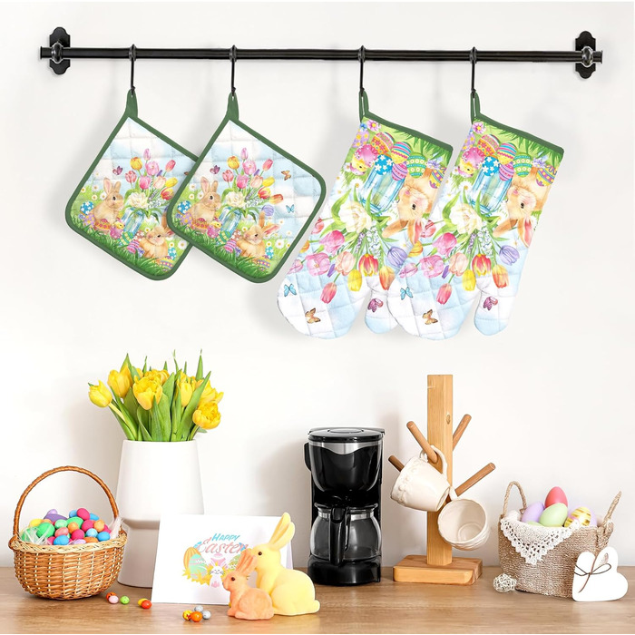 Різдвяний набір із 2 рукавичок для духовки та прихваток Arquiel, 100 бавовняні кулінарні рукавички, термостійкі кухонні рукавички для приготування їжі, різдвяні подарунки на кухню для жінок (Великдень 01, рукавички для духовки*2 прихватки*2)