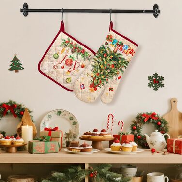 Набір з 2 різдвяних рукавичок для духовки та підставок для каструль Arquiel, 100 бавовняні кулінарні рукавички, термостійкі кухонні рукавички для приготування їжі, різдвяний декор для кухні, подарунки для жінок (різдвяна ялинка 01, рукавички для духовки п