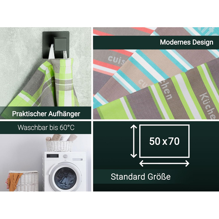 Набір кухонних рушників ZOLLNER із 4 бавовняних рушників 50x70 см поглинаючі та міцні кухонні рушники можна прати до 60C мятні смужки якість для громадського харчування сертифіковано Oeko-Tex (зелений)