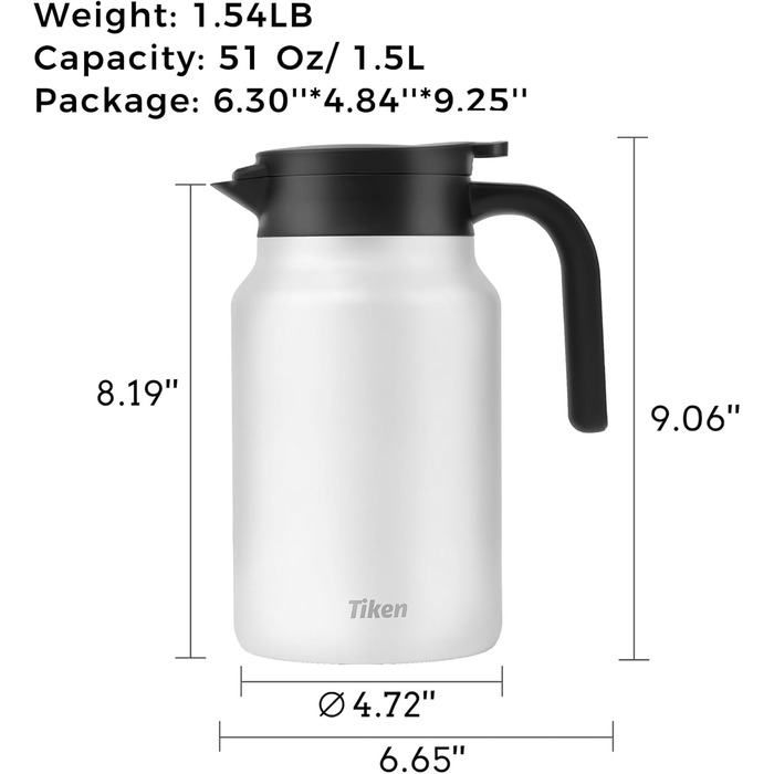 Термоглечик для кави 1,5 л з нержавіючої сталі, білий Tiken