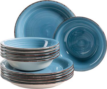 Набір тарілок для 6 осіб у сучасному вінтажному стилі, столовий сервіз із 12 предметів, ручний розпис, керамограніт (синій)