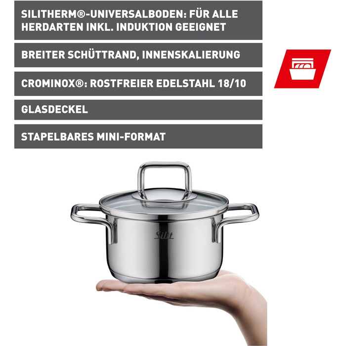 Набір посуду Silit Extra Cook каструлі 12/14 см зі скляною кришкою, внутрішньою мірною шкалою, широким обідком для зручного зливання, з нержавіючої сталі Crominox, для невеликих порцій, компактно складаються, запобігають розтіканню (каструля для смаження,