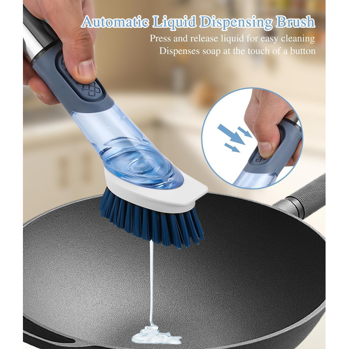 Щетка для посуды с дозатором для моющего средства с 4 сменными головками и держателем LEAZZLE