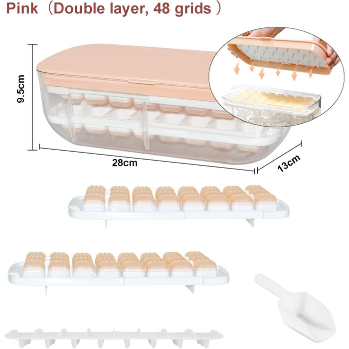 Форма для кубиків льоду, безпечна для харчових продуктів форма для кубиків льоду з кришкою та контейнером, видає всі кубики льоду за одну секунду, 64 кубики льоду (Синя форма для кубиків льоду) (Рожева)