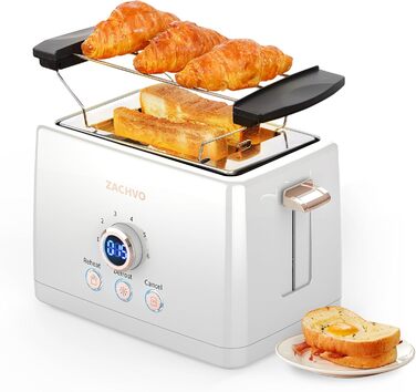 Тостер на 2 скибочки, тостер ZACHVO з підігрівом булочок, 6 рівнів підрум&39янювання, 850 Вт, знімний піддон для крихт, світлодіодний екран, високий підйом, розігрів, розморожування, функція скасування