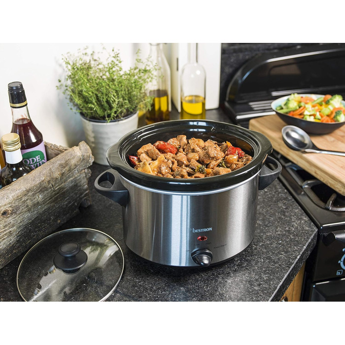 Мультиварка Bestron на 2 персоны, мультиварка с керамической сковородой и стеклянной крышкой, 3-ступенчатый термостат, идеально подходит для многих блюд, таких как мясо, супы и овощи, 1,5 литра, цвет серебристый (3,5 литра)