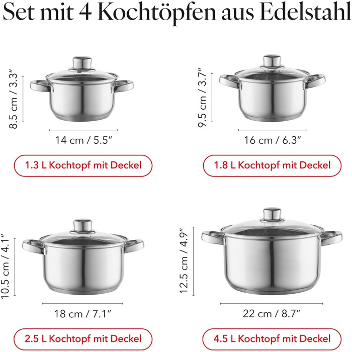 Набір посуду FLORINA 4 предмети Нержавіюча сталь 18/0 Кришка із загартованого скла Для індукційних, газових, електричних та керамічних варильних поверхонь Можна мити в посудомийній машині Високоякісний набір посуду для кожної кухні (8 предметів, Polpo)