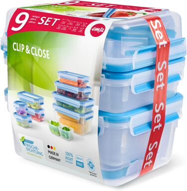 Набір контейнерів для зберігання продуктів EMSA Clip & Close, прямокутні, 5 x 0,8 л, коробки для зберігання, 100 герметичні, придатні для миття в посудомийній машині, морозильній камері та мікрохвильовій печі, прозорі, сині, зроблені в Німеччині, N10307 (