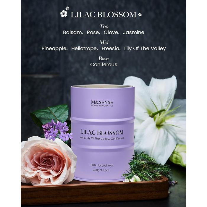Ароматичні свічки M&SENSE з натурального соєвого воску, натуральна соєва свічка для домашнього декору, тривалий час горіння до 70 годин, класні подарунки-свічки для чоловіків та жінок (320 г, цвіт бузку)