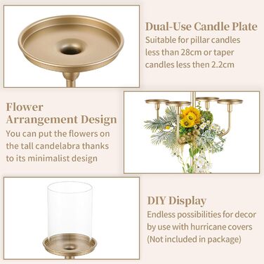 Підсвічник Sziqiqi, великий висота 22 см, 5 вішок, для свічок-паличок, стовпчастих свічок - металевий підлоговий свічник для вітальні на Хелловін, Різдво (золотий, 2)