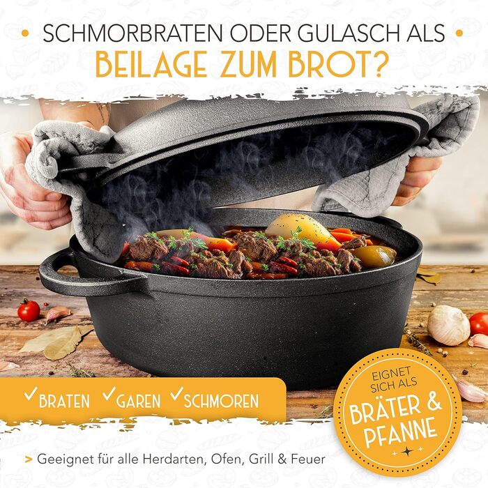 Чугунная форма для выпечки хлеба овальная 34 см с ротанговой корзиной для расстойки теста KRUSTENZAUBER