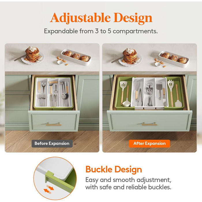 Органайзер для столових приборів 57 х 38 см для шухляд, 5 відділень, зелений і білий Lifewit