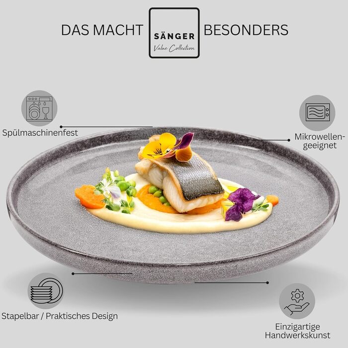 ОБІДНІ Комбінований сервіз на 6 персон, набір тарілок кавовий кухоль макаронна миска 30 шт. , набір посуду з кераміки посудомийна машина - мікрохвильова піч - стійкий до подряпин, набір посуду з кераміки КОЛЕКЦІЯ ЦІННОСТЕЙ (Cairo moon сірий, обідня тарілк