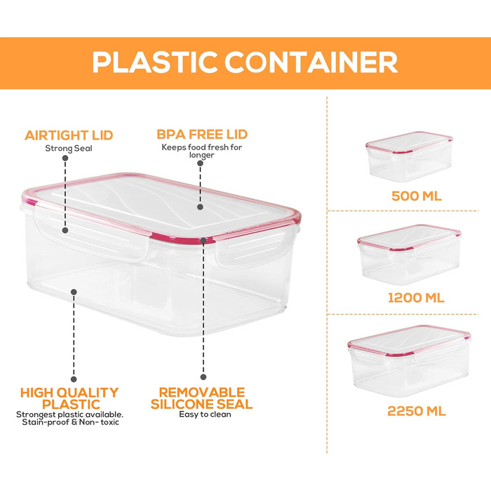 Банок для зберігання з кришками (9 контейнерів, 9 кришок) Контейнери для зберігання продуктів для кухні, кухонний органайзер без бісфенолу А (24 упаковки, червоний), 18
