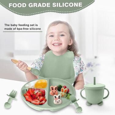 Набір дитячого столового посуду, набір дитячого столового посуду з 12 предметів, дитяча ложка, чашка для пиття, силіконовий нагрудник, дитяча тарілка, дитяча тарілка з присоскою, набір столових приборів для відлучення дитини, без бісфенолу А, можна мити в