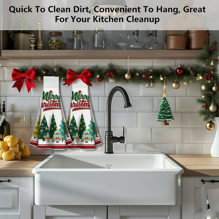 Набір з 2 різдвяних кухонних рушників 31,5 x 34,5 см з петлею для підвішування, Різдвяні ялинки WADORN