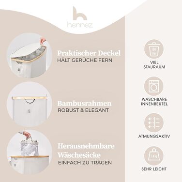 Ящик для белья Hennez 150 л - Корзина для белья 3 отделения - Крышка - Сортировщик белья с мешком для белья - Корзины для белья - бежевый бамбук - Контейнер для белья - Система сортировки белья - Сборник для белья 4) 150л Бежевый
