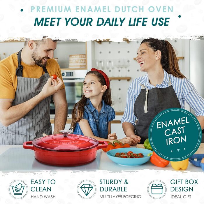 Чавунна овальна емальована каструля Vancasso об&39ємом 6 л з кришкою, поживна та смачна для дому, ресторану, готелю, духовки, 30 x 13 см (червона, 28 x 7 см)