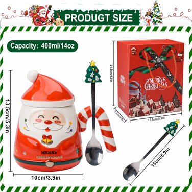 Милі кухлі Санта-Клауса ZONSUSE, кухоль з Різдвом Христовим, 3D різдвяна кружка, з ручками у формі цукерок та ложкою у формі ялинки, ідеї різдвяних подарунків для жінок та чоловіків 400 мл (A-зелений) (A-червоний)