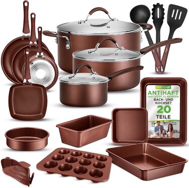 Набір посуду NutriChef з 20 предметів з антипригарним покриттям каструля, сковорідка та посуд для випікання набір посуду без PFOA/PFOS для газових, електричних, керамічних та індукційних варильних поверхонь включає сковорідки, каструлі, форму для випіканн