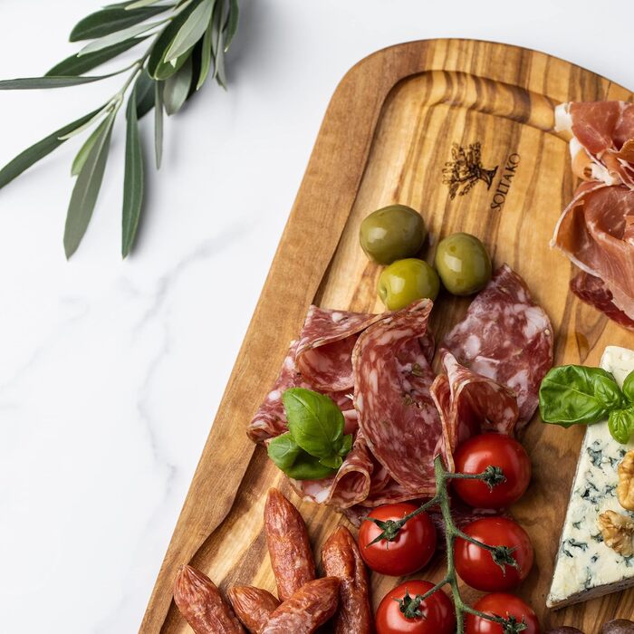 Дошка для стейків з оливкового дерева, дошка з оливкового дерева Обробна дошка, дерев'яна дошка, дошка для сервірування, дошка для сніданку, сирна дошка сільська довжиною приблизно від 40 до 43 см, товщиною приблизно 2 см (43-45 см, сільська з жолобком дл