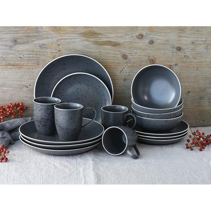 Набір посуду Industrial Series з 16 предметів, комбінований сервіз керамограніту (антрацит, комбінований набір з 16 предметів), 22699