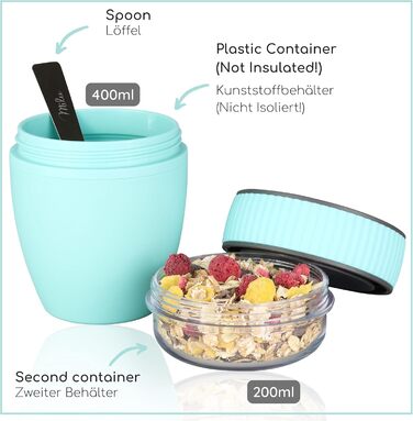 Стаканчик для пластівців Milu на винос 400 мл з назвою MsliMax для йогурту герметичний стаканчик з ложкою (бірюзовий, пластиковий)