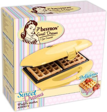 Брюссельская вафельница Bestron в ретро-дизайне, вафельница для 2 бельгийских вафель, с антипригарным покрытием и лампой для выпечки, 700 Вт, цвет (желтый)