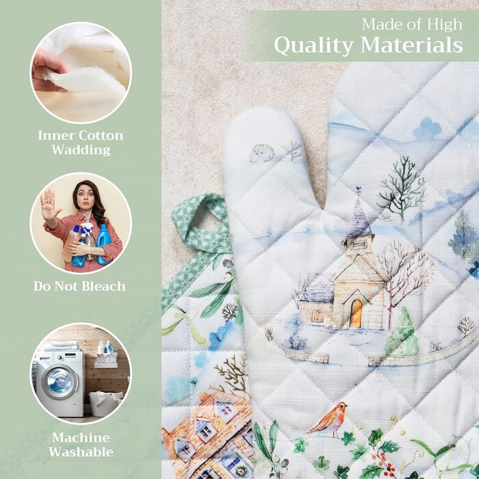 Рукавички для духовки, прихватки для каструль Maison d&39 Hermine, 100 бавовна, термостійкі кухонні рукавички, рукавички для духовки (19 x 33 см) та прихватки для каструль (20 x 20 см) для приготування їжі, Морзін - Рукавички для духовки (19 x 33 см) та п