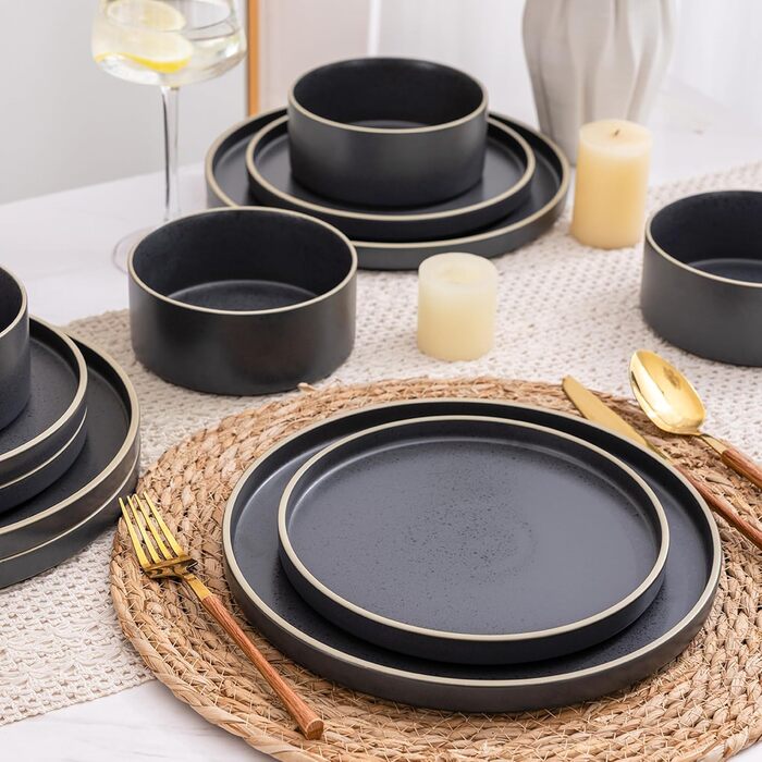 Набір посуду LeRatio для 6 осіб, 18-предметний набір керамічного посуду, керамічна миска та тарілка, стійкі до подряпин (18-предметний набір, антрацитово-сіро-білий обідок з цятками)